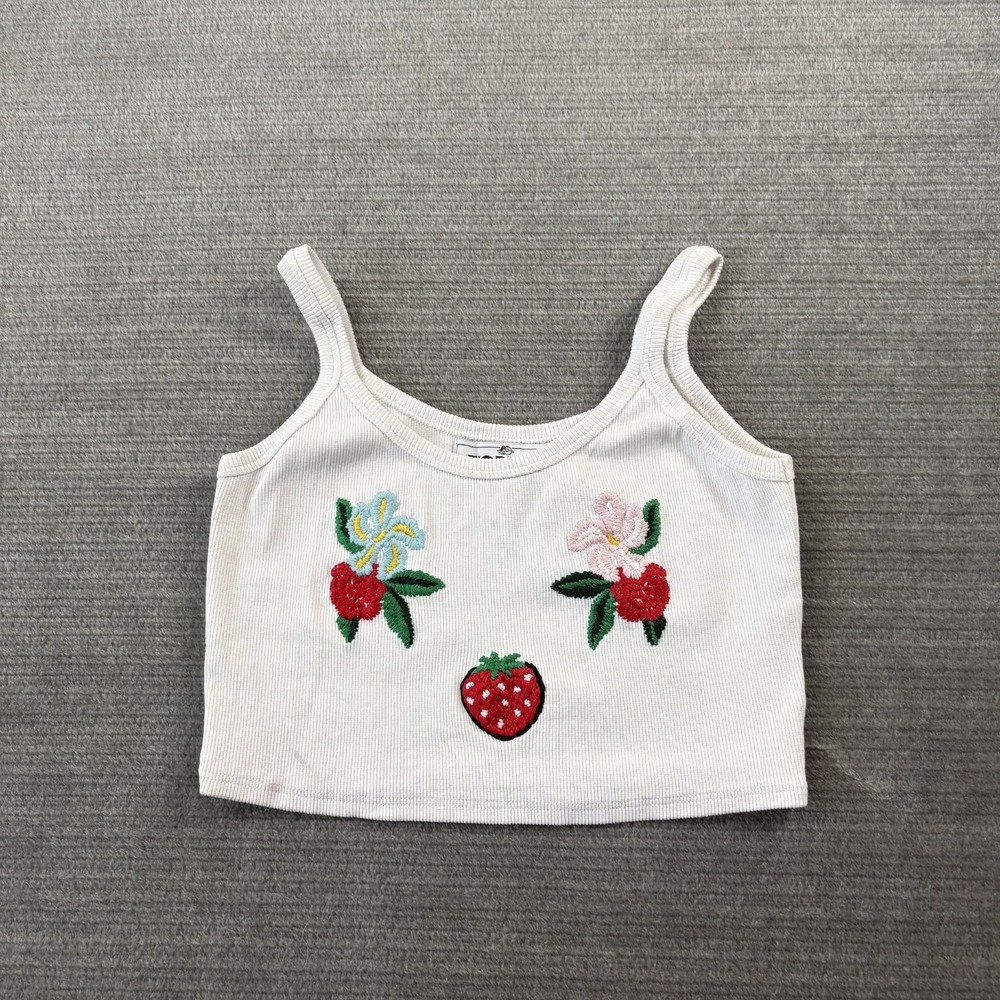 Fiorucci Embroidered Strawberry Cropped Tank Top Womens M‎ White Ribbed Stretch